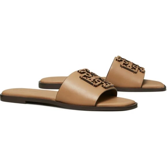 ❤️ NIB Tory Burch Ines Logo Slide Leather Sandal Almond Flour 7.5 8 8.5 9 9.5 10 - Picture 1 of 15